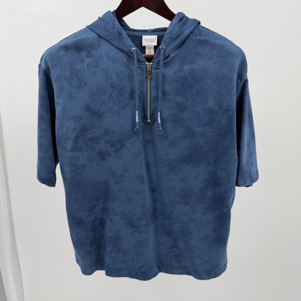 Chico's Weekends Blue Tie Dye Short Sleeve Quarter Zip Hoodie Top Size 2 L